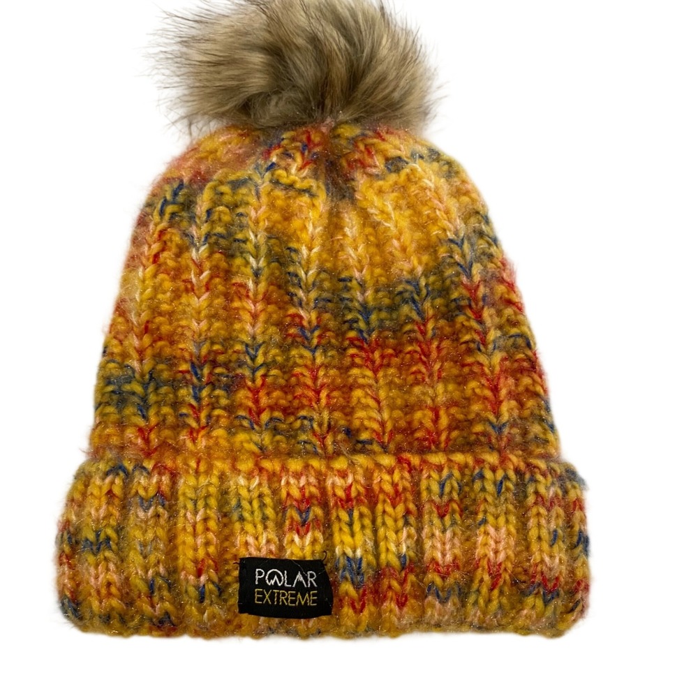 Polar Extreme Womens Chunky Knit Fleece‎ Lined Beanie Faux Fur Pom Yellow Multi